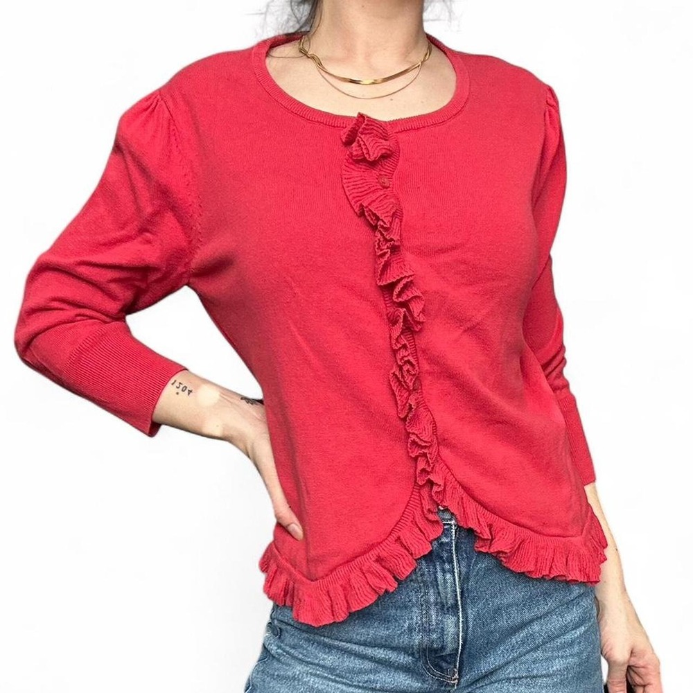 GH Bass red ruffle cardigan sweater top